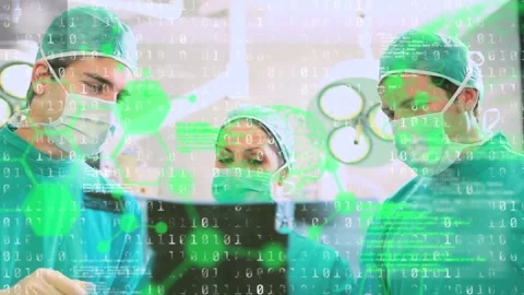 Animation of binary coding and data processing over diverse surgeons in Stock Footage 325836266