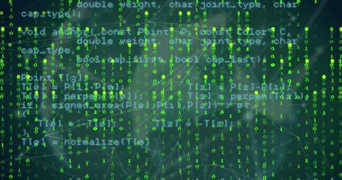 Animation of binary coding and data processing over globe of plexus networks on Stock Footage 328235378