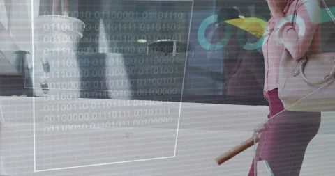 Animation of binary coding and data processing over businesswoman in office Stock Footage 328500729