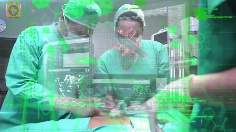 Animation of binary coding and data processing over diverse surgeons in Stock Footage 328648045