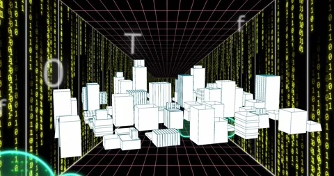 Animation of binary coding and data processing over 3d cityscape Stock Footage 328970060