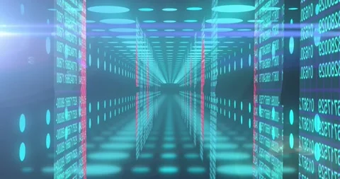 Animation of binary coding and data processing over neon tunnel Stock Footage 329102929