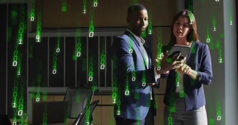Animation of binary coding and data processing over business people in office Stock Footage 329123687