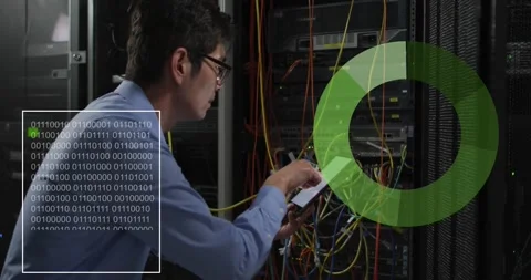 Animation of binary coding and data processing over asian it technician by Stock Footage 329356434