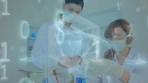 Animation of binary coding and data processing over diverse scientists in Stock Footage 329516324