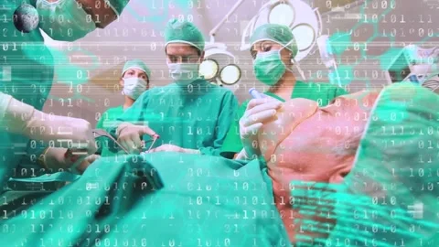 Animation of binary coding and data processing over diverse surgeons in Stock Footage 329691728