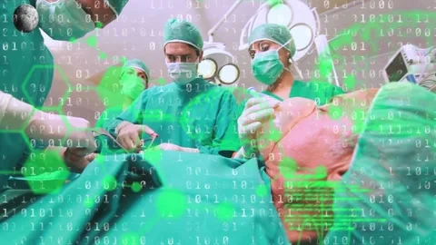 Animation of binary coding and data processing over diverse surgeons in Stock Footage 329985939