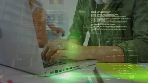 Animation of binary coding and data processing over businessman using laptop in Stock Footage 329988457