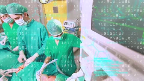 Animation of binary coding and data processing over diverse surgeons in Stock Footage 330174451