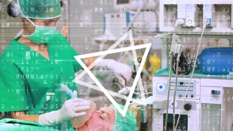 Animation of binary coding and data processing over diverse surgeons in Stock Footage 330399474