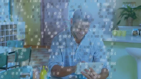 Animation of binary coding and data processing over businessman using tablet Stock Footage 330478904