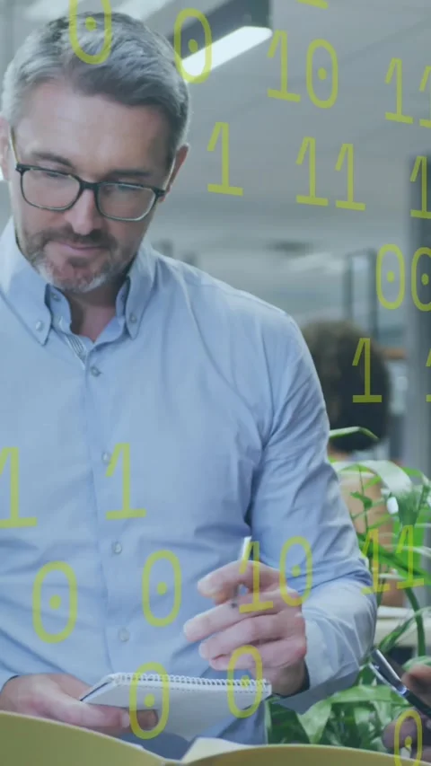 Animation of binary coding and data processing over diverse business people in Video stock 342609003