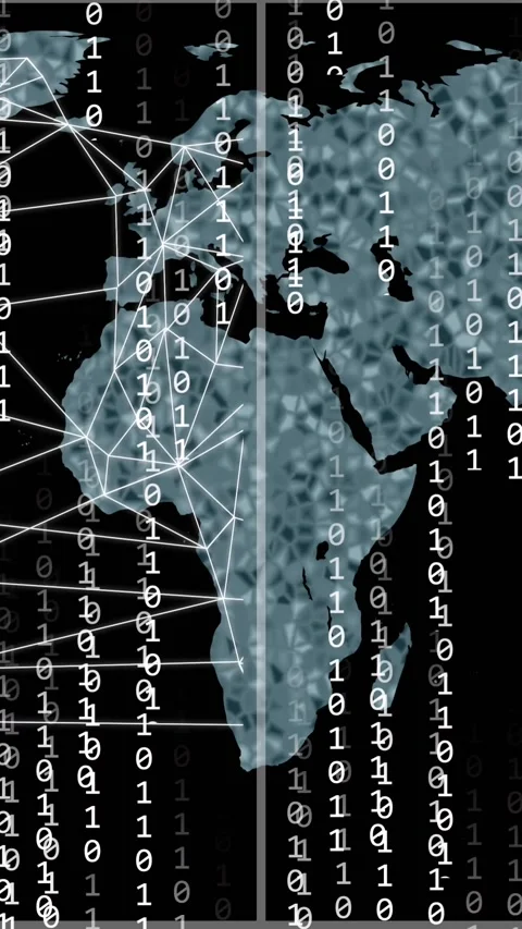Animation of binary coding and data processing over world map Video stock 342643204