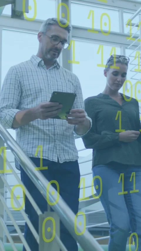 Animation of binary coding and data processing over diverse business people in Video stock 342676815