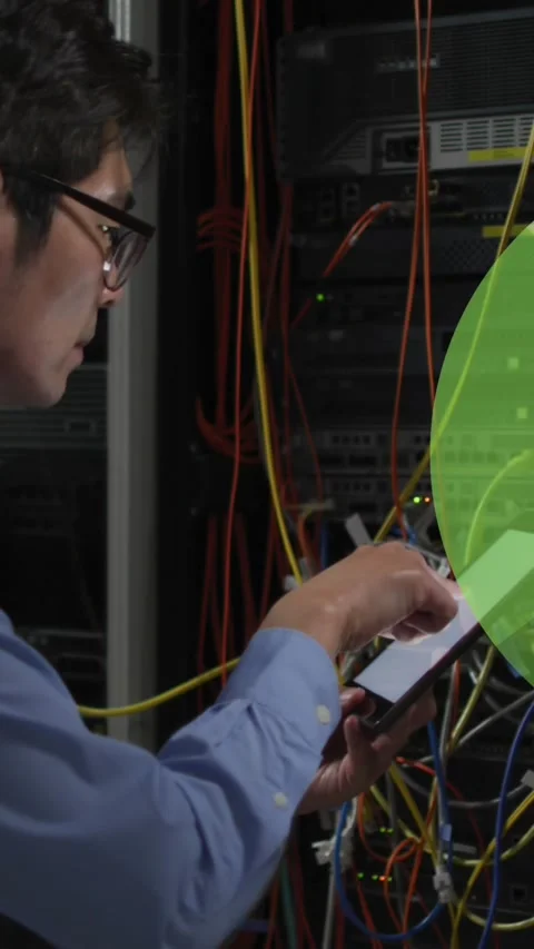 Animation of binary coding and data processing over asian it technician by Video stock 342910080