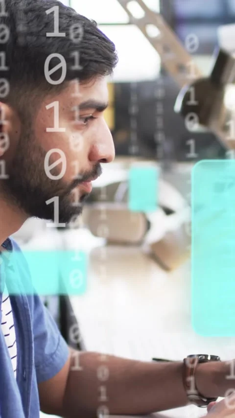 Animation of binary coding and data processing over businessman in office Video stock 343079238