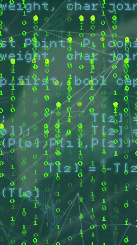Animation of binary coding and data processing over globe of plexus networks on Stock Footage 343954961