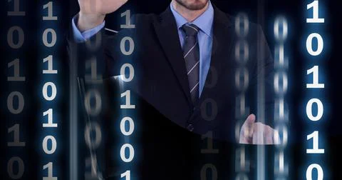Animation of binary coding and data processing over businessman touching screen Stock Photos