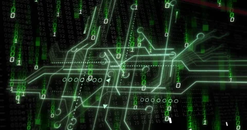 Animation of binary coding and digital data processing over black background Video stock 268066644