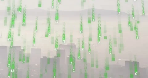 Animation of binary coding and digital data processing over cityscape Stock Footage 327962089