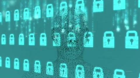 Animation of binary coding and digital human over padlock icons Stock Footage 329128295