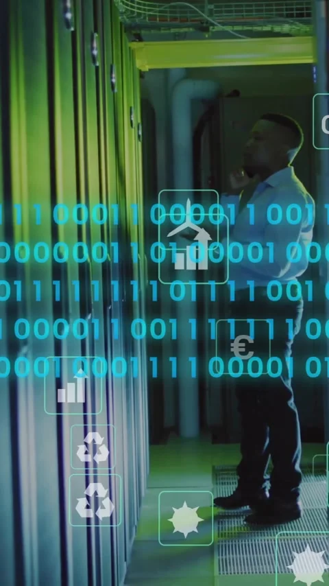 Animation of binary coding and digital data processing over computer servers Stock Footage 342601421