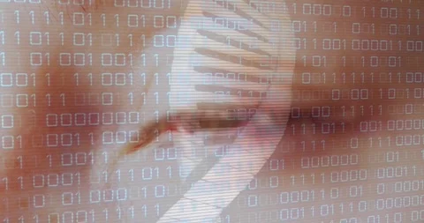 Animation of binary coding and dna strand over eye Video stock 241402255