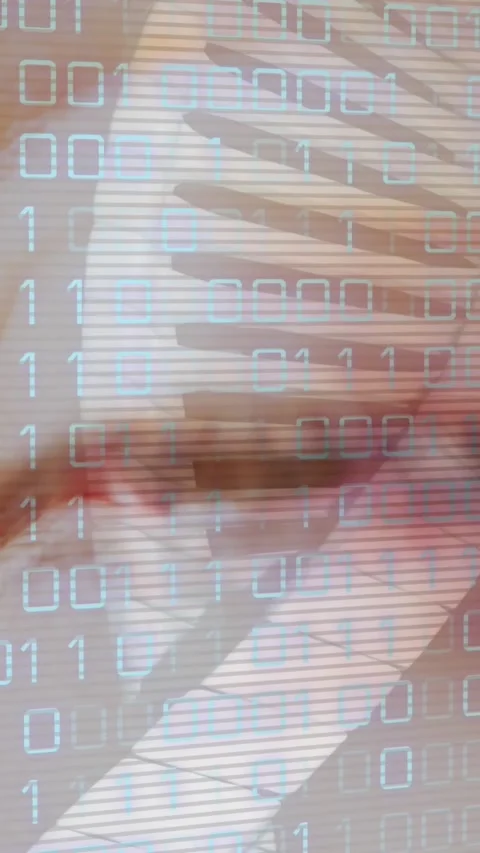 Animation of binary coding and dna strand over eye Video stock 323897026