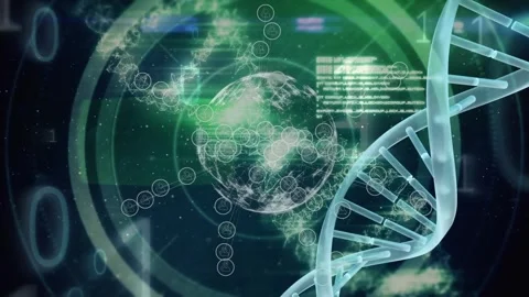 Animation of binary coding and dna structure spinning against spinning globe and Stock Footage 327273708