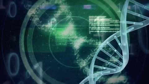 Animation of binary coding and dna structure spinning against green light spot Stock Footage 330341842