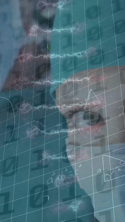 Animation of binary coding and dna strand over caucasian nurse with face mask Video stock 342315767