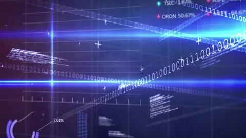 Animation of binary coding and financial data processing over grid on dark Stock Footage 235392893