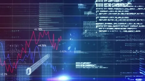 Animation of binary coding and financial data processing over grid on dark Stock Footage 235392896