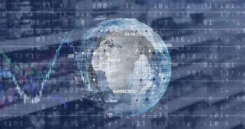 Animation of binary coding and financial data processing over spinning globe Stock Footage 326189008