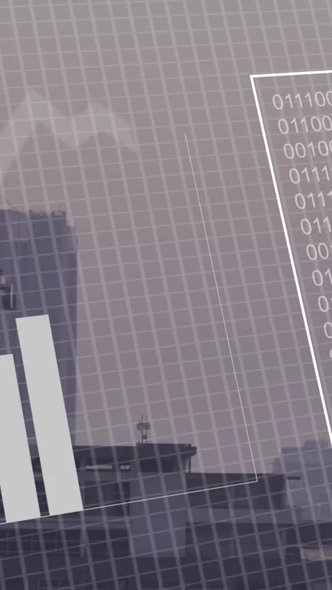 Animation of binary coding and financial data processing over city Stock-Footage 342802218