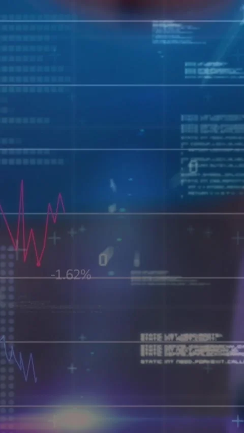 Animation of binary coding and financial data processing over caucasian woman Stock Footage 343739261