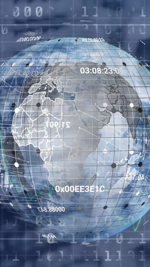Animation of binary coding and financial data processing over spinning globe 動画素材 343996041