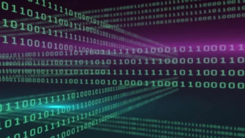Animation of binary coding and glowing light trails moving over black background Stock Footage 310487339