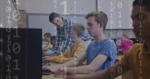 Animation of binary coding and icons over diverse students using computers with 스톡 동영상 267185175