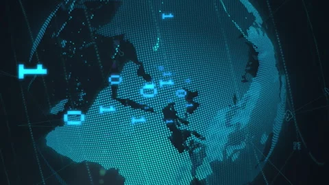 Animation of binary coding and light spot over spinning globe against blue Video stock 313166401