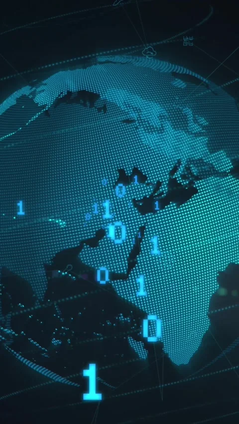 Animation of binary coding and light spot over spinning globe against blue Stock Footage 321039417