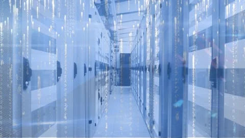 Animation of binary coding and light trails against computer server room Stock Footage 327525942