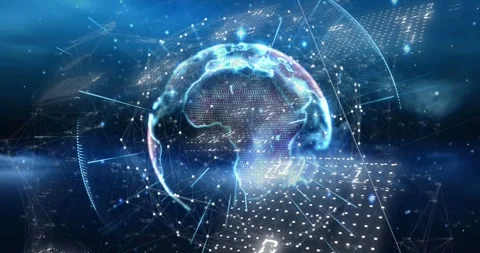 Animation of binary coding and light trails over spinning globe against blue Stock Footage 328154960
