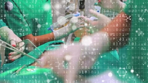 Animation of binary coding and molecules over diverse surgeons in operating Stock-Footage 327784908