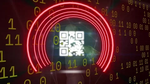 Animation of binary coding and neon qr code scanner and network of connections 動画素材 327003984