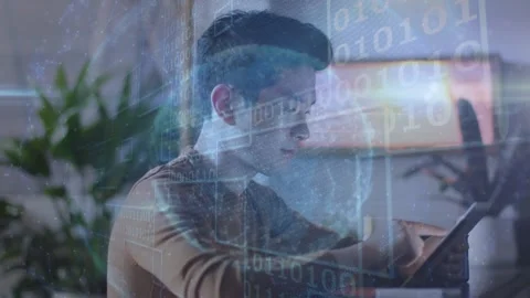 Animation of binary coding and network of connections over man using tablet Stock Footage 159242011