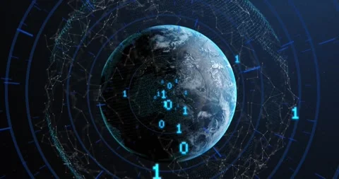 Animation of binary coding and network of connections over globe against blue Stock Footage 327063563