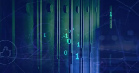 Animation of binary coding and network of digital icons against empty computer Stock Footage 328523345