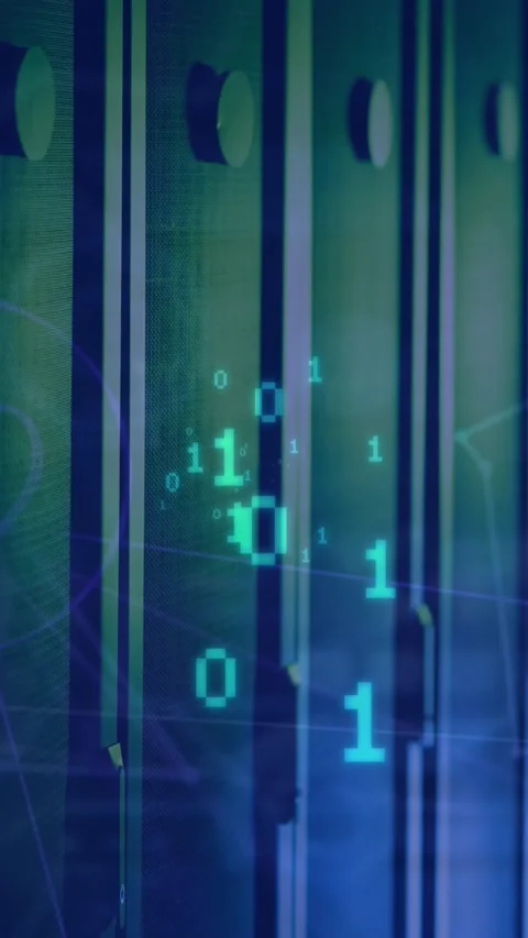 Animation of binary coding and network of digital icons against empty computer Video stock 342600303