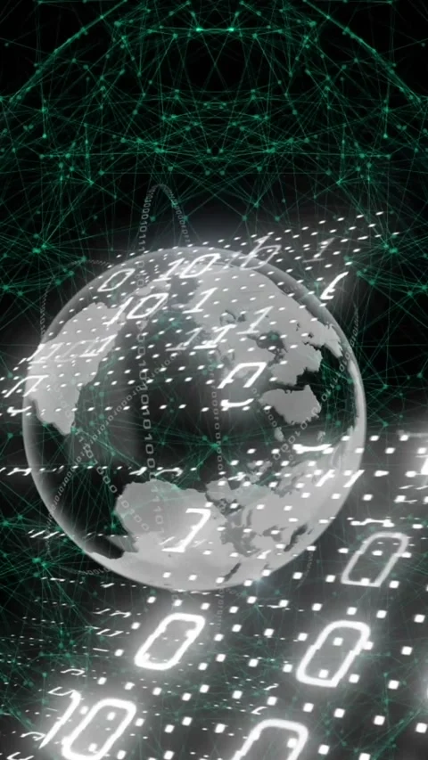 Animation of binary coding and network of connections over spinning globe Vídeos de archivo 344679139